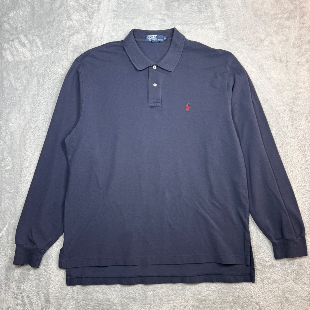 Vintage Polo Ralph Lauren Long Sleeve Polo Mens XL Navy Blue Pique 90s